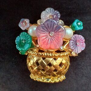 Vintage gold-tone faux pearl, Lucite flower and white rhinestone brooch